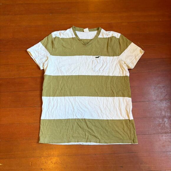 Hollister y2k green/cream striped v-neck t-shirt. Size M. - Picture 1 of 5